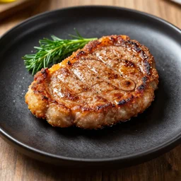 A rare fried steak on a black plate with green herbs.