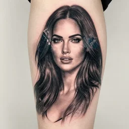 creative double exposure effect tattoo design sketch of megan fox blended with beautiful mountains, realism tattoo, in the style of matteo pasqualin, amazing detail, sharp