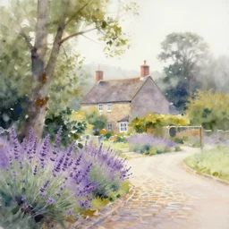 paint brush strokes, abstract watercolor painting of english cottage. trees, lavender flowers, cobblestone road, fog, ambient lighting, art by hans dahl, by jesper ejsing, art by anders zorn, very detailed, wonderful masterpiece by greg rutkowski, cinematic light, american romanticism by greg manchess, creation by tyler edlin