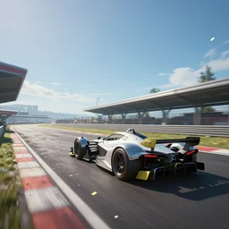 wide angle shot of a futuristic racetrack with confetti on a sunny day with a clear blue sky, cyberpunk, profile shot, digital painting, good value control, unreal engine 5, 8 k, ray tracing, ambient occlusion, fourze, realistic textures, wipeout 2 0 4 8, f - zero