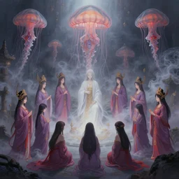 A painting of priestesses worshipping at the jellyfish temple, shrouded in mist, jellyfish god, 8K, illustration, art by artgerm and Makoto Shinkai and Hitoshi Ashinano, smoke, cinematic, insanely detailed and intricate, hypermaximalist, elegant, super detailed, award-winning, puce and vermillion, mysterious, ancient, ritual, ethereal, trending in cgsociety, artstation HQ, ornate, elite, haunting, matte painting
