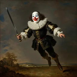faceless man flies over a landscape, he is wearing a comedy mask, he is wearing elizabethan boots and ruff, he carries a broadsword in his left hand, painted by frans hals, dramatic theater lighting