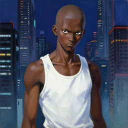 oil painting, yoji shinakawa, studio gainax, bald black teenager wearing a white tank-top, cyberpunk city, ghost in the shell, badass