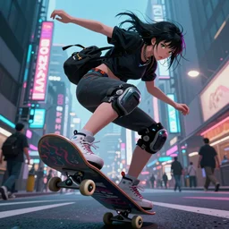 hyper - realistic cyberpunk anime woman flip skateboard, sport, action tokyo street, extreme detail, good face, model, concept art, in style of yoji shinkawa, pan ren wei, col price, atey ghailan, by greg rutkowski, aesthetic