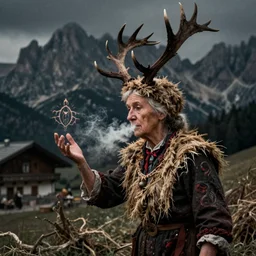 1 9 2 0 s spirit portrait photography of an old female farmer turning into a krampus antler ghost with hay cloth and antlers in the dolomites, smoke from mouth, casting a root spell, inviting hand, witchy, wicca, by william hope, dark, eerie, grainy