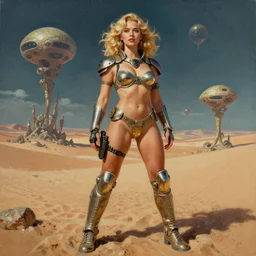 A mixed media portrait painting of a beautiful blonde woman posing on a desert alien planet, soldier, curvy, futuristic sci-fi armored bikini and boots, detailed Aesthetic! face and eyes, slavic, by Boris Vallejo, Beeple, Frank Frazetta, Greg Rutkowski, Christian MacNevin, epic fantasy character art, high fantasy, CGsociety, 60's Sci-fi Pinup style, exquisite detail, post-processing, masterpiece, cinematic, crysis