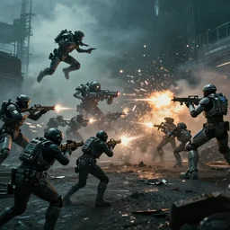 vfx film, blade runner 2 0 4 9 futuristic soldiers shoot at enemy robots futuristic war, battlefield war zone, shootout, running, shooting, explosion, leaping, flat color profile low - key lighting award winning photography arri alexa cinematography, big crowd, hyper real photorealistic cinematic beautiful, atmospheric cool colorgrade