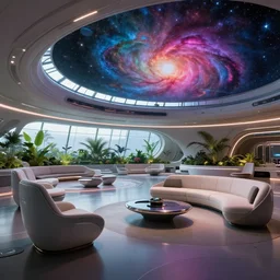 ultra modern concept design of a vast spaceship interior, futuristic chairs and sofas can be seen in the foreground, a large colorful nebula can be seen from a window, large plants in the background, in the style of Guardiands of the Galaxy and Blade Runner, wide angle shot, Leica Summicron-T 23 mm f/2 C 10.0