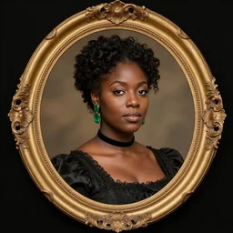 portrait of a beautiful black victorian woman in a rounded baroque frame and devoted posture, she has big chunk emerald earrings, trending on artstation, golden ratio, 8 k