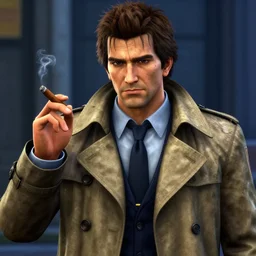 video game still of police detective columbo ( played by young peter falk ) in his messy trenchcoat, holding a cigar in the video game yakuza zero. detailed pores