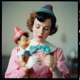 kodak portra 4 0 0, 8 k, highly detailed, britt marling style, 3 / 4 photographic close, press award winning muted colour portrait of a wooden pinocchio who carves a wooden stick, motion blur, pink, turquoise, up face with 1 9 2 0 s hairstyle, 1 9 2 0 s style, asymmetrical, hasselblad