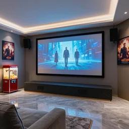 a modern home movie theater, sleek, comfortable, stylish decor, popcorn machine, movie posters, designed by kelly wearstler, rough color pencil illustration