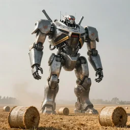 giant mech stands over field with hay bales by simon stalenhag, atmospheric haze, sci fi digital painting, unreal engine 5, photorealism, hd quality, 8 k resolution, cinema 4 d, 3 d, cinematic, professional photography, art by artgerm and greg rutkowski and alphonse mucha and loish and wlop