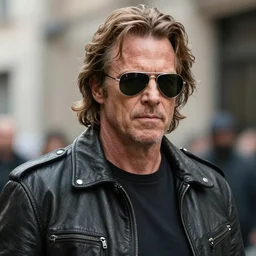 a badass ron perlman with short wavy hair while wearing a black leather jacket and aviator sunglasses, realistic, hyperrealistic, 8 k resolution, hd quality, very detailed, highly detailed, intricate details, real life, real world, trending on artstation