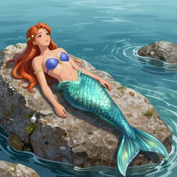 A beautiful mermaid lying on a rock by the sea, beautiful face, highly detailed, full body shot, digital art, artstation