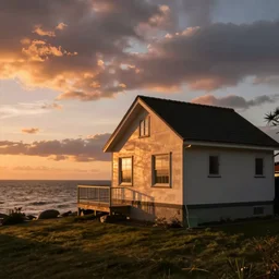 a house by the sea during a beautiful sunset