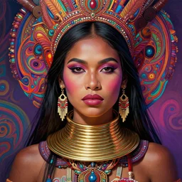 portrait of catriona balfe as a kayan tribe woman with gold neck rings, hyper detailed ultra sharp trending on artstation, colorful, psychedelic, ornate, intricate, digital painting, concept art, smooth, sharp focus, illustration, art by artgerm and greg rutkowski and h. r. giger, 8 k