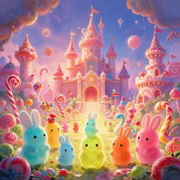 an epic fantastic realism comic book style painting of an enchanted dreamland of cute candy critters, gumdrop bunnies, candy cane serpents and castles made of sweets galore, cinema 4 d, hd, dynamic lighting