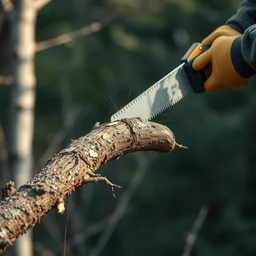 cutting a tree - branch with a hacksaw.