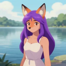 a girl with fox ears and purple hair wearing a simple sundress, this fox girl has a pronounced snout and two pointed black ears, beautiful lake background, illustration by greg rutkowski, thomas kindkade, artstation, furaffinity, deviantart, furry art
