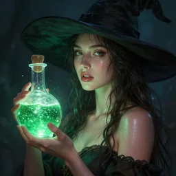 epic portrait an beautiful witch holding an potion bottle full of sparkling glitter liquid, green liquid, glowing, beautiful, goddess, glossy lips, sweaty skin, wet flowing long hair, witch hat, broad light, ambient occlusion, volumetric light effect, made by ivan aivazovsky, peter mohrbacher, greg rutkowski, matte painting, trending on artstation, 4 k, perfectly defined features, digital painting,