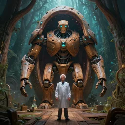 a bio engineer stands in front of a giant organic wooden mech in a cocoon in an orgainic wooden loading bay, solarpunk, organic bioluminescent lights, forest canopy understory, cinematic lighting, dark and moody, octane render, 3 d pixar disney digital cgi rtx hdr painting, highly detailed, artstation cgsociety masterpiece, by syd mead, greg rutkowski,