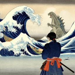 samurai on a beach facing the sea, godzilla coming out of water causing a tsunami, ukiyo - e, japanese wood painting
