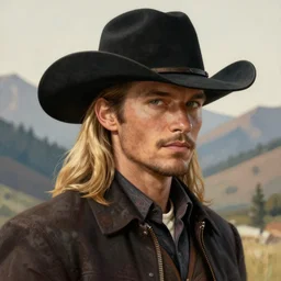 cowboy portrait male, olive skin, sideburns and long blond hair, black stetson hat, moutain background, intricate, elegant, highly detailed, digital painting, artstation, concept art, smooth, sharp focus, illustration, artgerm, rutkowski, briclot