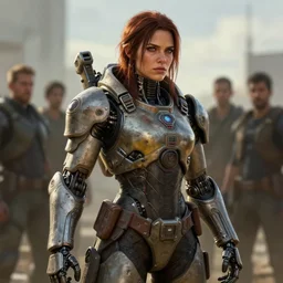 fallout 5, charismatic brunette rugged female mech protagonist, portrait, cybernetic details atmospheric lighting, painted, intricate, volumetric lighting, beautiful, daytime, sunny weather, slight overcast, sharp focus, deep colours, ultra detailed, by leesha hannigan, ross tran, thierry doizon, kai carpenter, ignacio fernandez rios