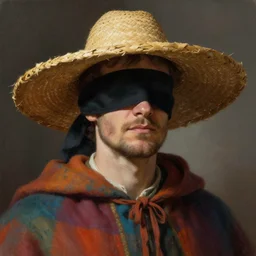 portrait of a blindfolded man wearing a multicolored cloak and a wide brimmed straw hat, detailed face, highly detailed, cinematic lighting, digital art painting by greg rutkowski