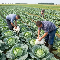 ukranian farm workers harvesting newborns on a cabbage farm