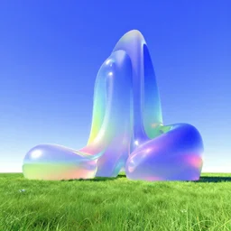 strange architecture in a meadow with blue sky. slick, futuristic design. colorful soft gradients, translucence. pre - 2 0 0 0 s era. 9 0's computer art, early computer graphics