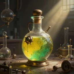 a steampunk painting of a vintage yellow green steampunk poison potion bottle, lit by a single ray of sunlight in a dark dusty vintage science lab, by h. r. giger, hyperrealistic fantasy art, concept matte, ethereal, dreamy, digital art, trending on artstation, volumetric cinematic lighting