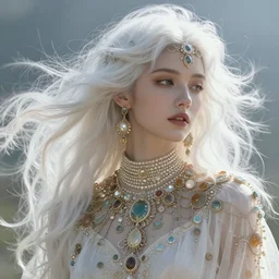 a beautiful white haired young lady, adorned with precious stones by jeremy mann and alphonse mucha, photo realistic, dynamic lighting, windy, artstation, poster, dreamy, volumetric lighting, ethereal, 4 k, high detail