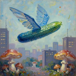 blue cucumber with wings flying over a city composed of mushrooms, oil painting