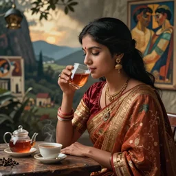 A female assamese drinking Assam tea by Artgerm and greg rutkowski and alphonse mucha