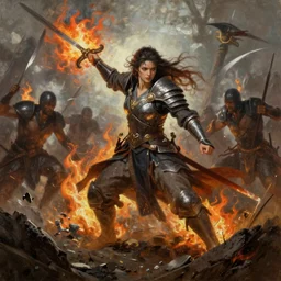 a beautiful warrior destroy his enemies on the battlefield, wrath flame and ruin, oil painting, trending on artstation