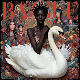 pretty black model with white swan : : by martine johanna and simon stalenhag and chie yoshii and casey weldon and wlop : : ornate, dynamic, particulate, rich colors, intricate, elegant, highly detailed, vogue, harper's bazaar art, fashion magazine, smooth, sharp focus, 8 k, octane render,
