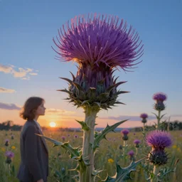 giant thistle flower underhead, a girl in suit in field of flowers, surreal photography, sunrise, blue sky, dramatic light, impressionist painting, digital painting, artstation, simon stalenhag