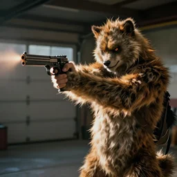 Video, a Man firing a pistol at a furry monster in the garage.