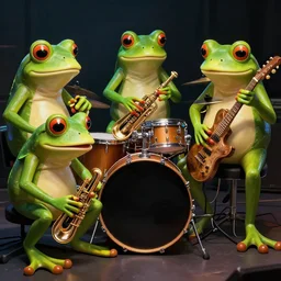 3 frogs playing instruments in a band, high-definition photograph