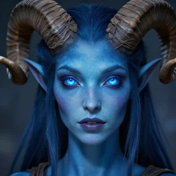 close - up portrait of a female tiefling with blue skin and ram horns. glowy iridescent blue eyes. long tendrils growing from jawline. illustration, trending on artstation, perfect lighting, concept art