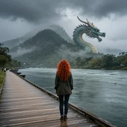 a photo of a woman with curly long redhair standing in a boardwalk besides a river looking at a giant dragon in the mountains in a fog during a thunderous weather