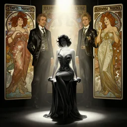 digital concept art by artgerm, tooth wu, bierstadt, gurney, stalenhag and alphonse mucha. namilia. just one lonely black tape project attctive showgirl!! full body!! contour light effect!! 8 k, stage light. octane render. sharp edge. ultra clear detailed, sitting pose