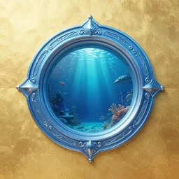 photo of a golden wall with a futuristic bleu metallic elaborate round portal into an underwater universe, glowing red neon rings around the portal, aztec glowing blue ornaments, front shot, sharp, insanely integrate, fantasy