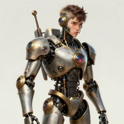 humanoid steampunk robot, male teenager looking, high detail, by rossdraws, artgerm, franzzeta