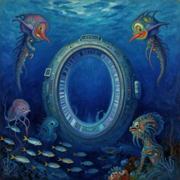 intergalactic stargate portal in the middle of a deep ocean, with strange sea creatures swimming around it and a school of fish in the foreground by sonia delaunay and zdzislaw beksinski