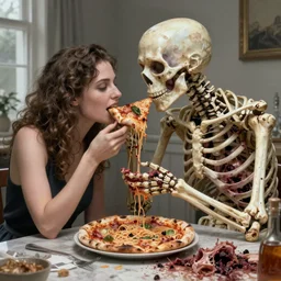 bright realistic anorexic man ribs boney eating his girlfriend, pizza, pasta, puke, appartment, rotten flesh, diffuse lighting, fantasy, intricate, elegant, highly detailed, lifelike, photorealistic, digital painting, artstation, illustration, concept art, smooth, sharp focus, art by jenny saville