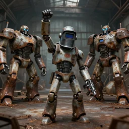 a realistic crazy robot wearing a welding helmet, welding helmet head, one fist raised high in triumph, raised fist, standing in front of an army of giant dangerous robots inside a huge rusty dingy warehouse, army of robots, raygun gothic, atomic punk, digital art, detailed render
