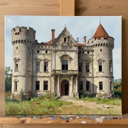 A water painting of a dilapidated ancient castle building in the wood